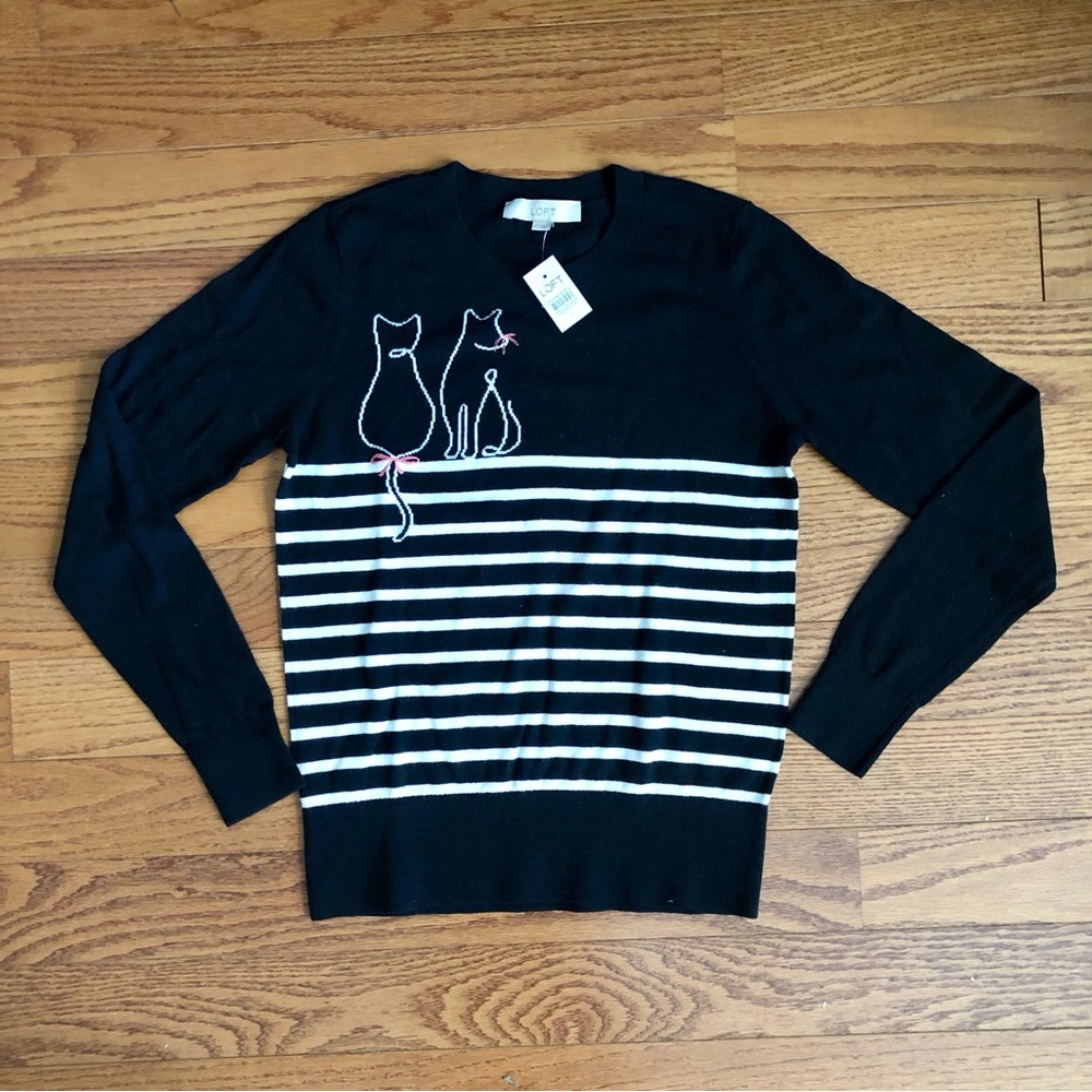 Loft Striped Cat Embroidered Graphic Crewneck Black Sweater Women’s Size S NWT - Picture 10 of 10